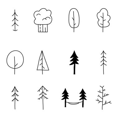 Minimalist tree icons collection. Line art silhouette trees. Stock vector symbols set.