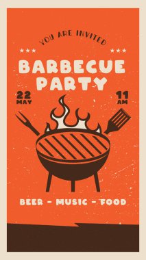 Retro BBQ parti şablonu. Sosyal medya pazarlaması için BBQ Grill Kare Kartı, hikayeler. Barbekü postası tasarımı. Stok vektör poster broşürü.