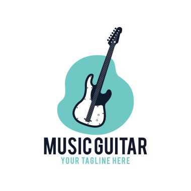Müzik Gitarı Vektör Logosu Şablonu. Müzik mağazası amblemi rengarenk bir şekilde. Müzik şirketinin marka kimliği. Stok vektör etiketi tasarımı.