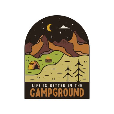 Camping adventure logo badge vector design with campground landscape. Camp badge graphics in retro style. Travel colorful emblem. Stock vector label isolated. clipart