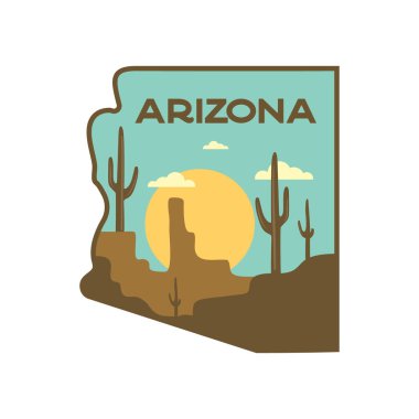 Arizona çöl manzarası da dahil olmak üzere vahşi doğa temalı tasarımı içeren Retro kamp rozeti. Beyaz arkaplanda izole edilmiş hisse senedi vektör seyahat etiketi.