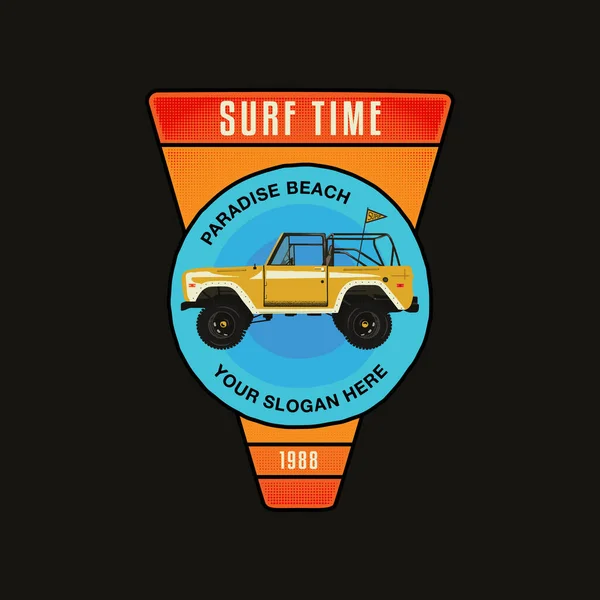 Surf Tijd Badge Ontwerp Met Surf Auto Wimpel Summer Travel — Stockfoto