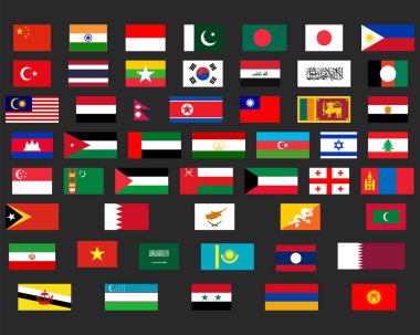 Asya Bayrak Simgeleri Ayarlandı. Asya Ülkeleri Orijinal Bayraklar - Çin, Japonya, Hindistan ve diğerleri. Stock Vektör Grafik Elementi. 51 sembol.