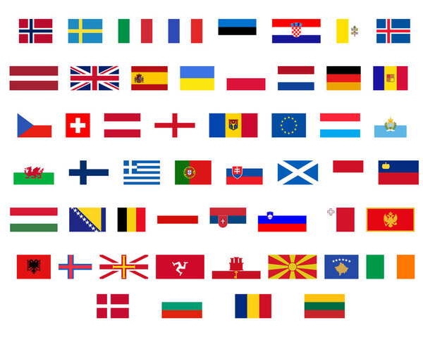 Europe Flag Icons Set. European Countries Original Flags - Ukraine, UK, Germany and other. Stock Vector Graphics Element. 52 symbols.