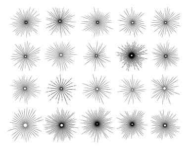 Güneş ışığı yuvarlak elementler ayarlandı. Sanat tarzında büyük bir güneş ışınları koleksiyonu. Stok vektörü.