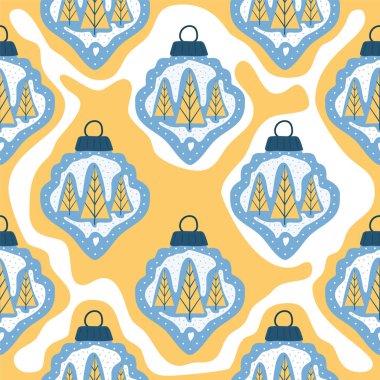 Mavi Noel ağacı oyuncakları ve ağaçlarla kusursuz bir Noel deseni. Dekoratif unsurları olan şirin bir tatil duvar kağıdı arka planı. Sarı arkaplanda stok vektör illüstrasyonu.