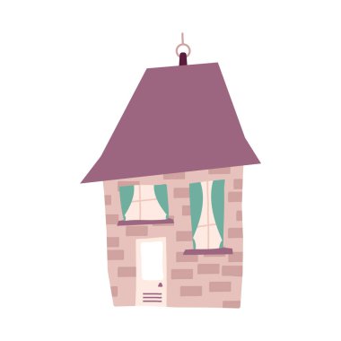 Ev şeklinde Noel ağacı oyuncağı. Düz renkte yeni yıl dekorasyonunuz kutlu olsun. Noel çıkartması - bayram sembolü simgesi. Vektör illüstrasyonu.