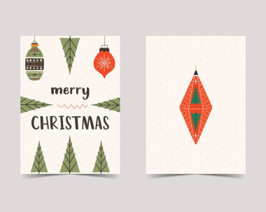 Mutlu noel kartları şirin düz stil. Noel ağacı oyuncaklarıyla minimalist xmas tasarımı. Tatil posterleri. Stock vektör trend broşürü.