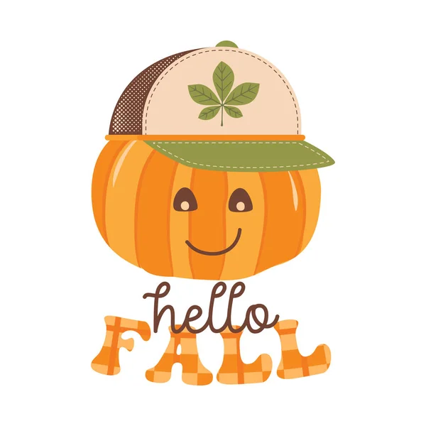 Autumn illustration - Hello Fall quote with cute pumpkin. Fall print design for tshirt, sublimation printing. Cozy autumn logo. Stock isolated on white background.