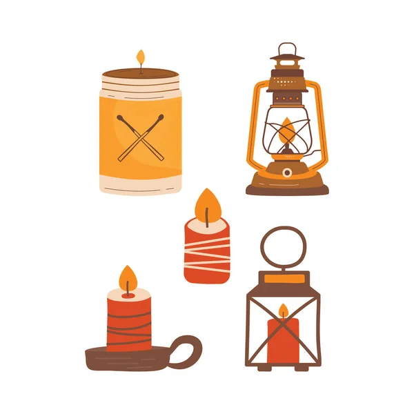Autumn hand drawn clipart collection. Autumn camper elements - candles, retro lantern. Cozy icons. Stock designs.