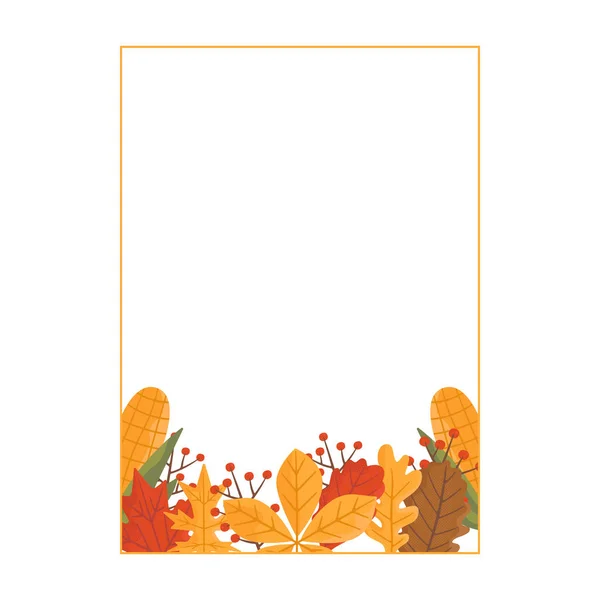Autumn card. Fall season cozy poster. Autumn thanksgiving seasonal banner with corn, chestnut leaves. Stock design.