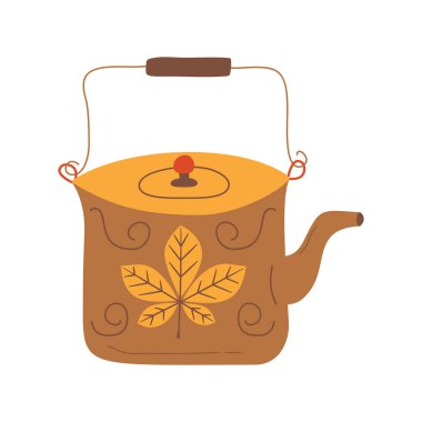 Sonbahar el klipslemesi. Sonbahar mevsimi sıcacık sembolü. Sonbahar mevsimsel elementi - retro kettle. Renkli illüstrasyon biçin. Şükran Günü ikonu. Stok vektör tasarımı.