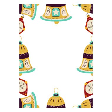 Noel kartı. Kış mevsimi rahat posteri. Sarı ve kırmızı ağaç oyuncaklarıyla yeni yıl afişi. Hisse tasarımı.