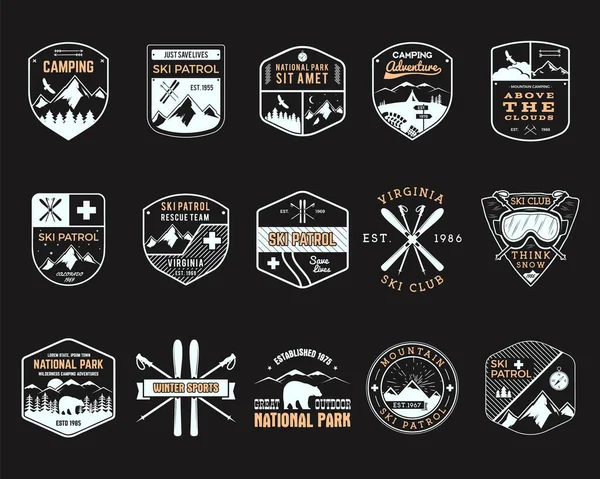 Camping Adventures badges set designs with mountains, tent and animals. Travel logo graphics. Stock retro camp labels.