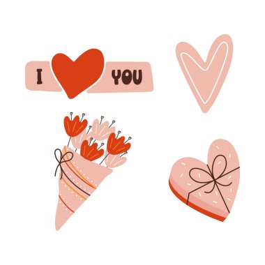 Sevgililer Günü elementleri dizayn edildi. Valentine Düz Tırmanma Koleksiyonu. Çiçekli, pastalı ve yürekli şirin aşk sembolleri. Stok çizimleri.