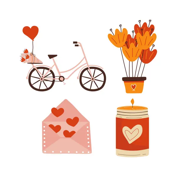 Walentynki Elementy Projektowe Zestaw Valentine Płaski Clipart Kolekcja Rowerów Kwiatów Zdjęcia Stockowe bez tantiem