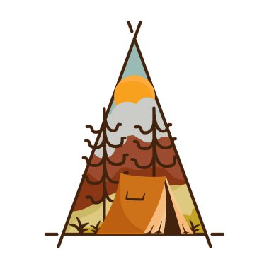 Outdoor adventure badge. Camping adventure label in retro style. Mountain logo graphics for t-shirt. Stock artwork with tent and landscape. clipart