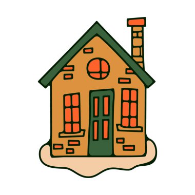 Şirin evi olan Noel Etiketi, Etiket, Pul ve Rozet Tasarım Elemenleri eski moda. Yeni yıl tatili unsurları beyaz arka planda izole edilmiş. Vektör illüstrasyonu.