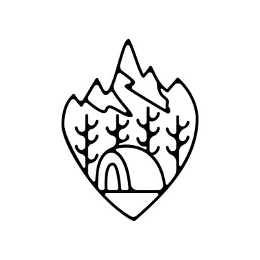 Kamp silueti rozet tasarımı. Macera logosu grafikleri. Açık hava doğa etiketi monokrom. Hisse vektör yürüyüşü çizimleri.