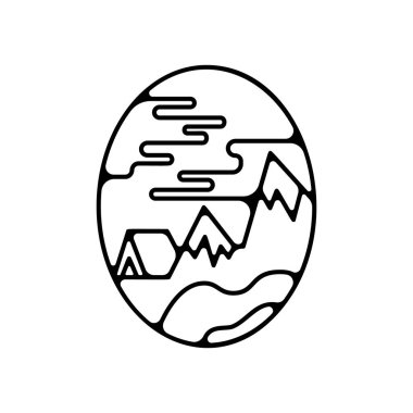 Kamp silueti rozet tasarımı. Macera logosu grafikleri. Açık hava doğa etiketi monokrom. Hisse vektör yürüyüşü çizimleri.