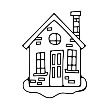 Noel silueti rozet elemanı. Kış çizgisi sanat etiketi tasarımı. Tişört, kart ve çıkartmalar için şirin Noel evi lineer baskısı. Hisse vektörü Noel silüeti çizimi.