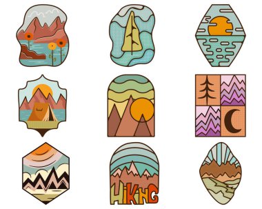 Outdoor adventure badges set. Camping adventure labels in retro style. Mountain logo graphics for t-shirt. Stock artwork collection. clipart