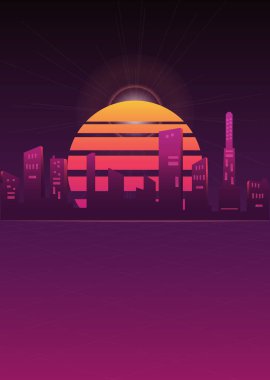 Retro Cyberpunk konsept çizimi. Neon şehirli sosyal medya şablonu. Şehir kartı tasarımı. Stock synthwave poster grafikleri