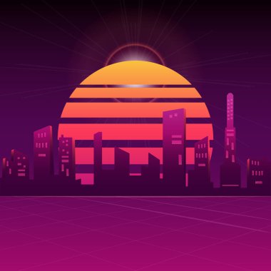 Retro Cyberpunk konsept çizimi. Neon şehirli sosyal medya broşürleri. Şehir kartı tasarımı. Stock synthwave poster grafikleri.