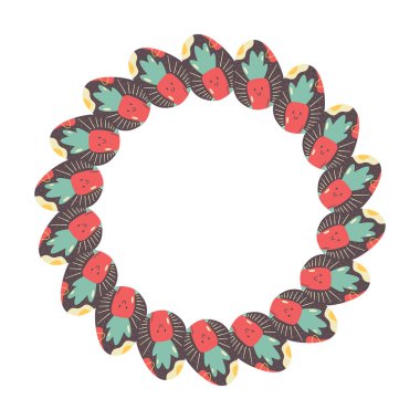 Paskalya yumurtası yuvarlak çerçeve tasarımı. Paskalya tatili yumurta avlama sınırı renkli düz stil süslemelerle dolu. Retro çelenk. Stok illüstrasyon kartı.