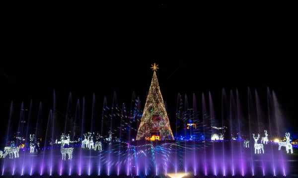 西班牙马德里 2022年12月1日 圣诞树装饰在彩色水上飞机旁边 圣诞灯的夜照 — 图库照片