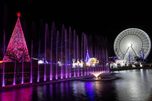 Juldekoration Set Bestående Julgran Vatten Med Ljus Och Gigantisk Pariserhjul — Stockfoto