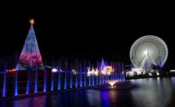 圣诞装潢包括一棵圣诞树 点着灯的水和一个巨大的摩天轮 圣诞灯的夜照 — 图库照片