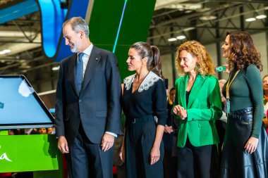 Madrid, Spain- January 18, 2023: The King and Queen of Spain and the president of the Andalusian Autonomous Community at FITUR. King Felipe VI and Queen Leticia inaugurate the FITUR fair in Madrid.
