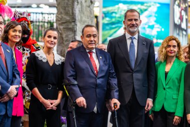 Madrid, Spain- January 18, 2023: The King and Queen of Spain and the President of Guatemala Alejandro Giammateii visit the FITUR tourism fair in Madrid. Felipe VI and Doa Leticia inaugurate FITUR in Madrid.
