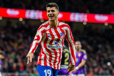 Madrid, Spain- January 21, 2023: Soccer match between Atletico de Madrid and Real Valladolid at Civitas Metropolitano. Alvaro Morata celebrates with his teammates after scoring a goal.