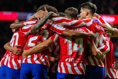 Madrid, Spain- January 21, 2023: Soccer match between Atletico de Madrid and Real Valladolid at Civitas Metropolitano. Alvaro Morata celebrates with his teammates after scoring a goal.