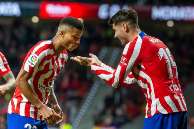 Madrid, Spain- January 21, 2023: Soccer match between Atletico de Madrid and Real Valladolid at Civitas Metropolitano. Alvaro Morata celebrates with his teammates after scoring a goal.