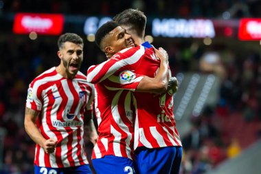 Madrid, Spain- January 21, 2023: Soccer match between Atletico de Madrid and Real Valladolid at Civitas Metropolitano. Alvaro Morata celebrates with his teammates after scoring a goal.
