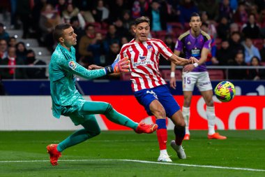 Madrid, Spain- January 21, 2023: Soccer match between Atletico de Madrid and Real Valladolid at Civitas Metropolitano. Nahuel Molina fights for the ball with an opponent