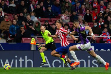 Madrid, Spain- January 21, 2023: Soccer match between Atletico de Madrid and Real Valladolid at Civitas Metropolitano. Marcos Llorente fights for the ball with an opponent.