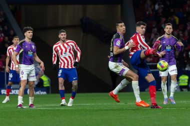 Madrid, Spain- January 21, 2023: Soccer match between Atletico de Madrid and Real Valladolid at Civitas Metropolitano. Alvaro Morata fights for a ball.