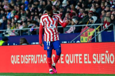 Madrid, Spain- January 21, 2023: Soccer match between Atletico de Madrid and Real Valladolid at Civitas Metropolitano. Thomas Lemar with the ball.