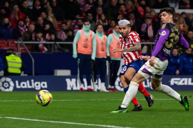 Madrid, Spain- January 21, 2023: Soccer match between Atletico de Madrid and Real Valladolid at Civitas Metropolitano. Angel Correa with the ball.