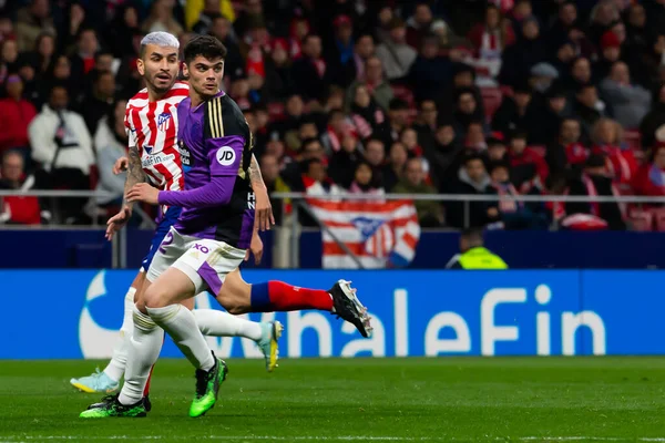 Madrid, Spain- January 21, 2023: Soccer match between Atletico de Madrid and Real Valladolid at Civitas Metropolitano. Angel Correa with the ball.