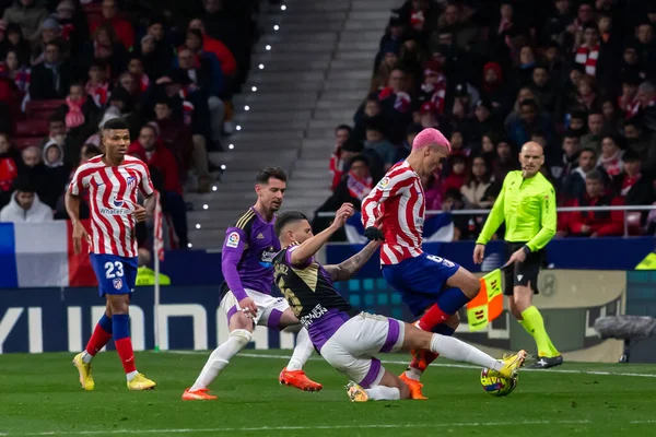 Madrid, Spain- January 21, 2023: Soccer match between Atletico de Madrid and Real Valladolid at Civitas Metropolitano. Antoine Griezman fights for the ball.