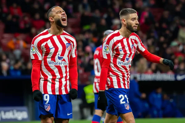 Madrid, Spain- January 21, 2023: Soccer match between Atletico de Madrid and Real Valladolid at Civitas Metropolitano. Memphis Depay wails during the game.
