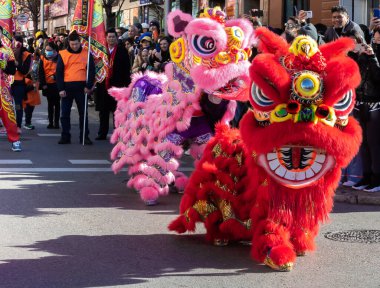 Madrid, Spain- January 21, 2023: Parade to celebrate the Chinese New Year through the streets of Madrid. Chinese citizens celebrate the year of the rabbit with typical costumes and oriental dances.