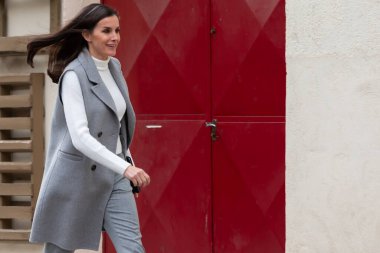 Madrid, Spain- January 24, 2023: Queen Leticia visits the Association Against Cancer in Madrid for a work meeting with the volunteers who support this disease. Visit and meeting of the Spanish Queen in Madrid.