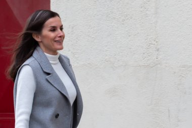 Madrid, Spain- January 24, 2023: Queen Leticia visits the Association Against Cancer in Madrid for a work meeting with the volunteers who support this disease. Visit and meeting of the Spanish Queen in Madrid.