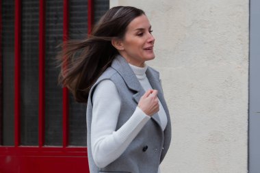 Madrid, Spain- January 24, 2023: Queen Leticia visits the Association Against Cancer in Madrid for a work meeting with the volunteers who support this disease. Visit and meeting of the Spanish Queen in Madrid.